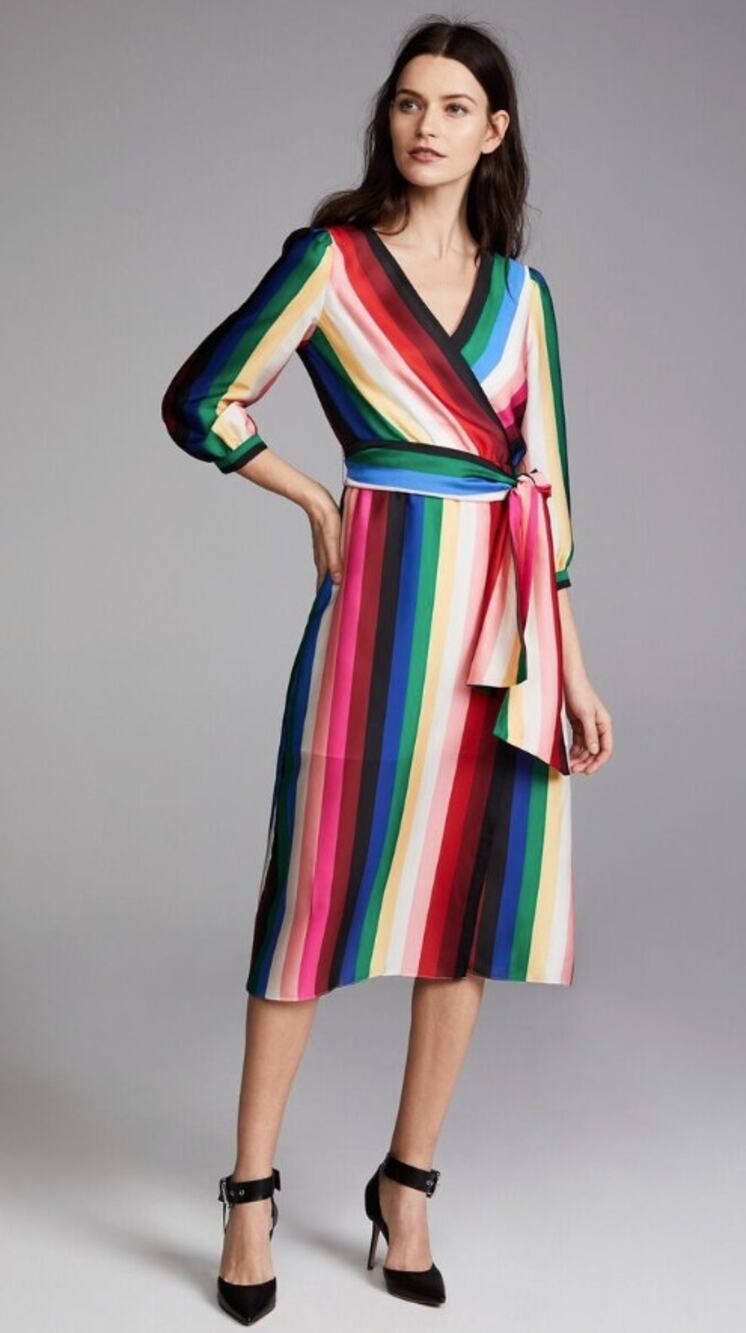 Alice + Olivia Dyanna Rainbow Striped Deep V Neck Wrap Dress Size 6